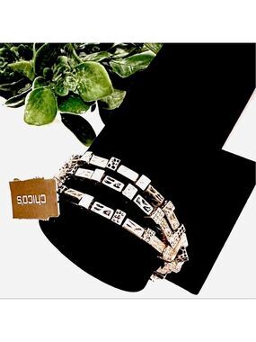 CHICO’s Ethnic Rectangle Engraved Bead Triple Strand Elastic Bracelet NW…